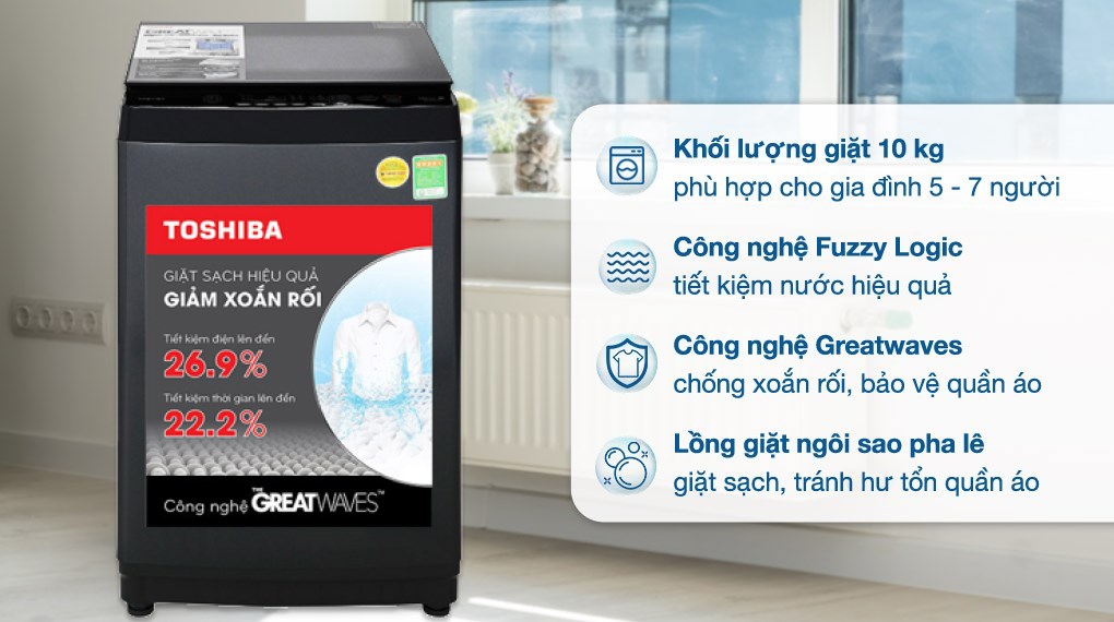 Máy giặt Toshiba 10 kg AW-M1100PV(MK) kiểu dáng thanh lịch, sang trọng