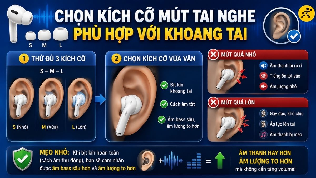 Lựa chọn kích cỡ mút tai nghe (Eartips) phù hợp với khoang tai Lựa chọn kích cỡ mút tai nghe (Eartips) phù hợp với khoang tai