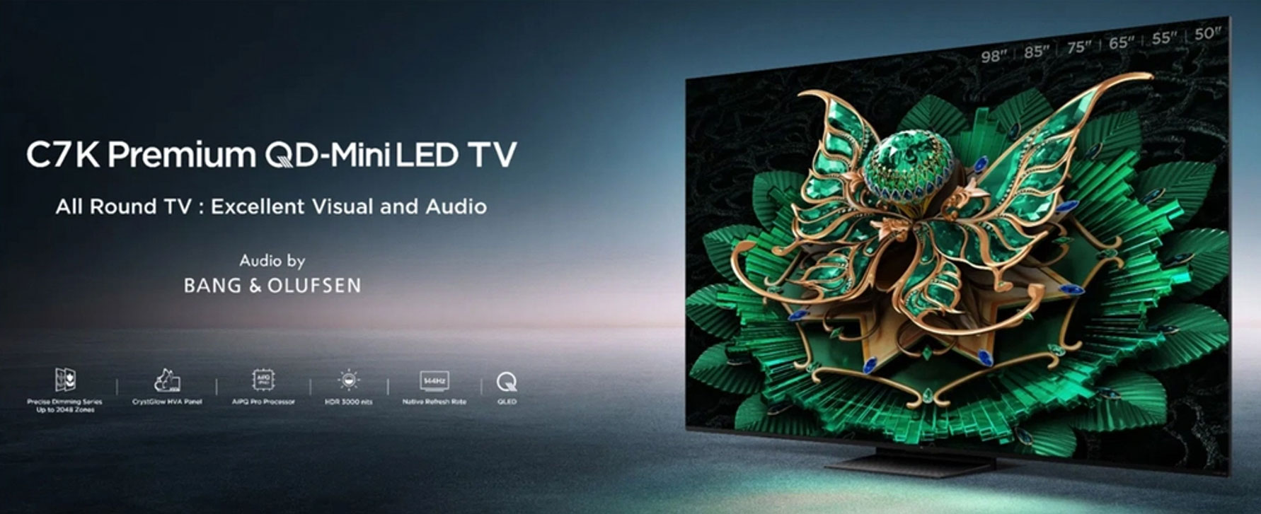 Google Tivi QD-Mini LED TCL AI 4K 75 inch 75C7K có thiết kế thanh lịch với màn hình 75 inch và độ phân giải 4K cho hình ảnh sắc nét