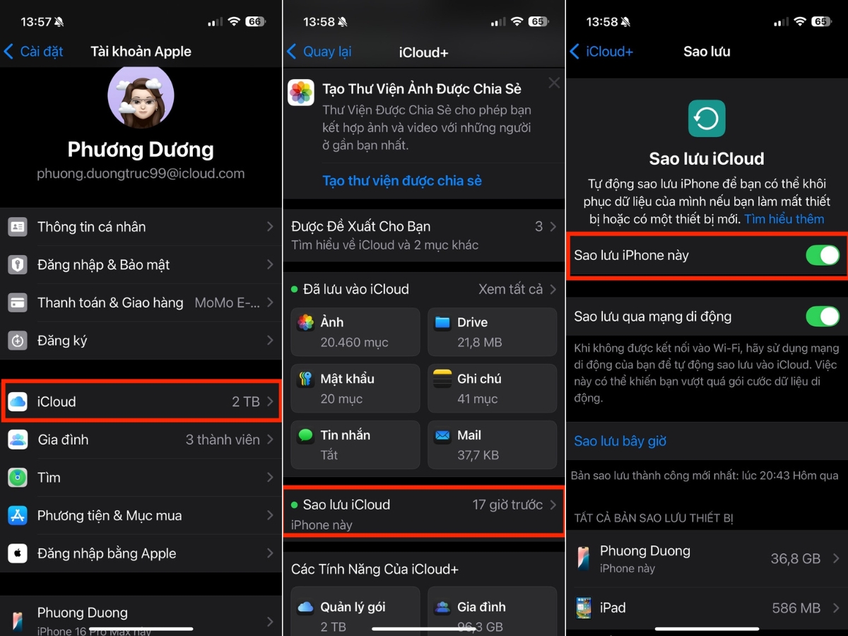 Bật t&iacute;nh năng Sao lưu iCloud