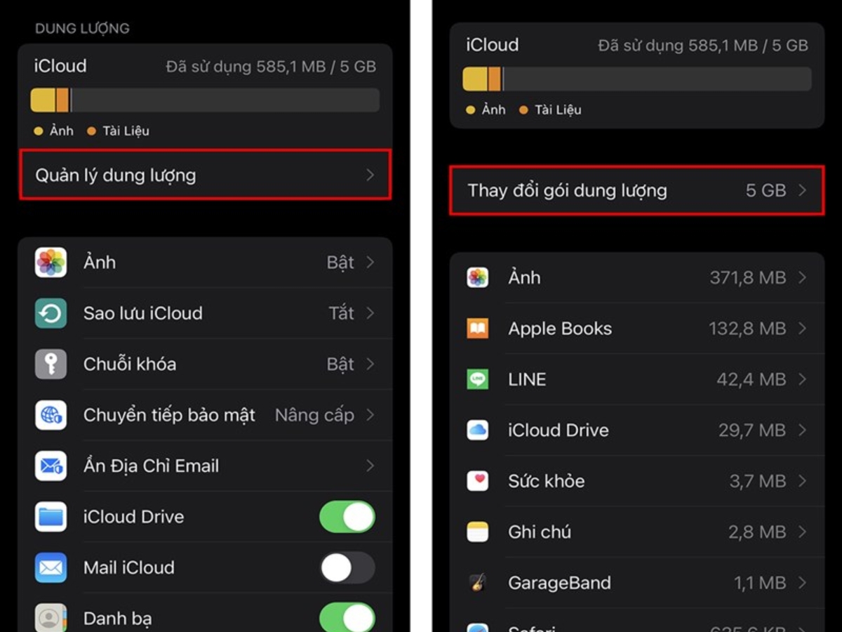 Quản l&yacute; dung lượng > Thay đổi g&oacute;i dung lượng
