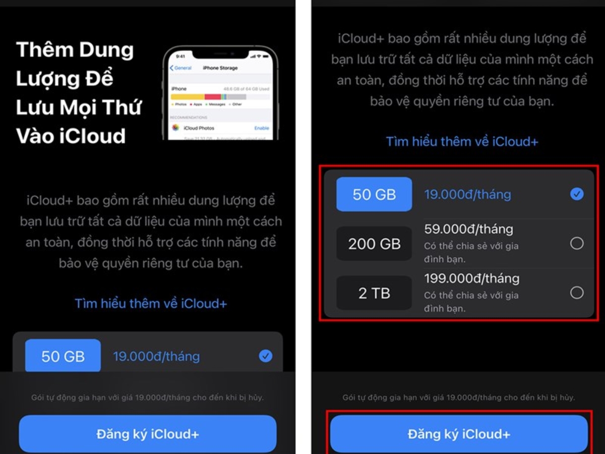 Nhấn Đăng k&yacute; iCloud+ để ho&agrave;n tất