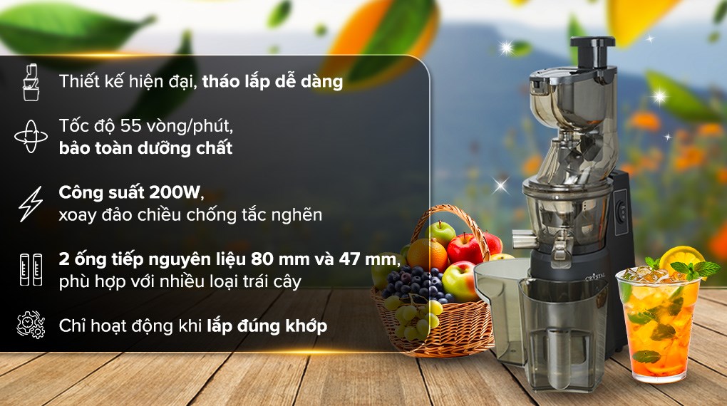 Máy ép chậm Crystal ZZJ821ML được trang bị các tiện ích và tính năng an toàn