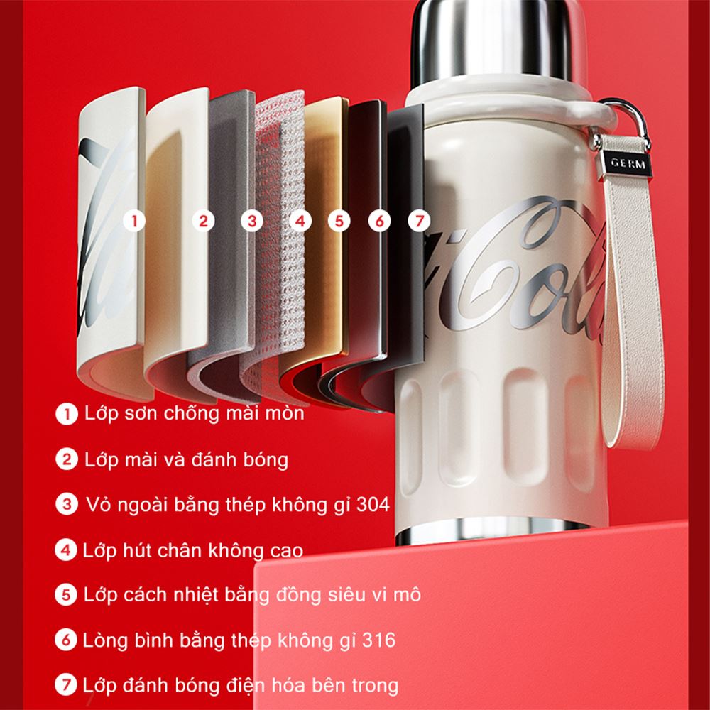 Ly giữ nhiệt inox 800 ml Max Coca Cola GERM GE-CK23AW-B35  có thể giữ nóng từ 10 - 12 giờ và giữ lạnh tới 24 - 36 giờ nhờ kết cấu 7 lớp