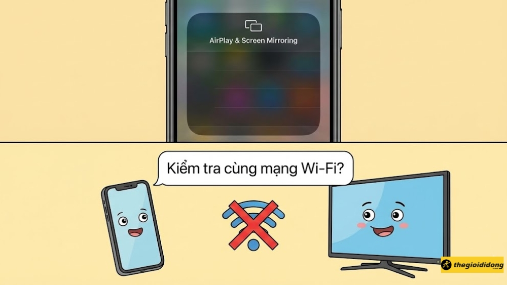 Đảm bảo rằng cả iPhone và tivi của bạn đều đang kết nối cùng một mạng Wi-Fi Đảm bảo rằng cả iPhone và tivi của bạn đều đang kết nối cùng một mạng Wi-Fi