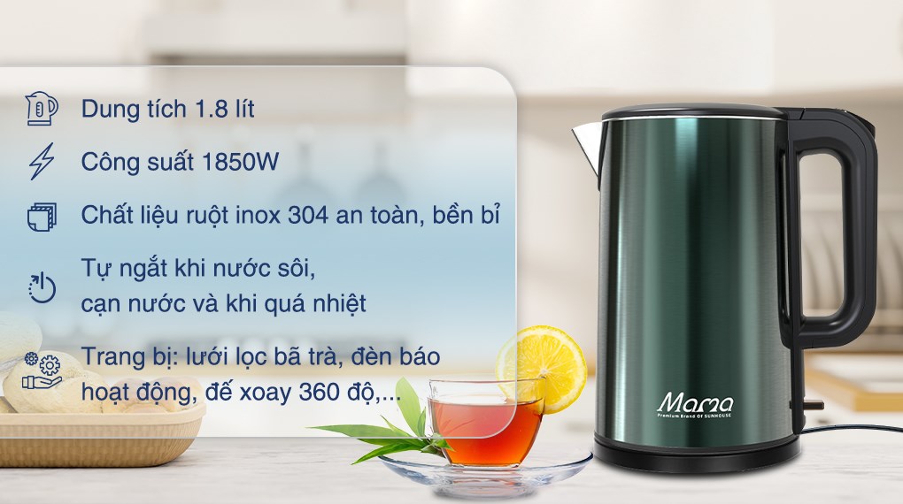 Bình đun siêu tốc Sunhouse Mama 1.8 lít SHD1389 có dung tích 1.8 lít