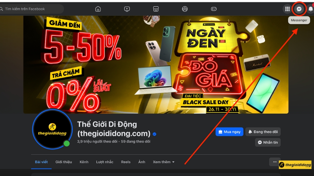 Nhấn v&agrave;o biểu tượng Messenger ở g&oacute;c tr&ecirc;n b&ecirc;n phải