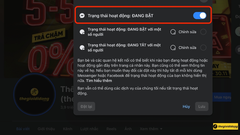 Facebook sẽ cho bạn c&aacute;c t&ugrave;y chọn tắt n&acirc;ng cao