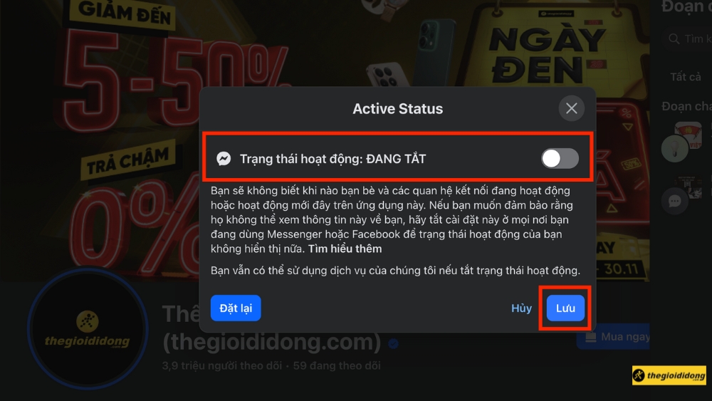 Đảm bảo t&ugrave;y chọn "Trạng th&aacute;i hoạt động: Đang tắt"