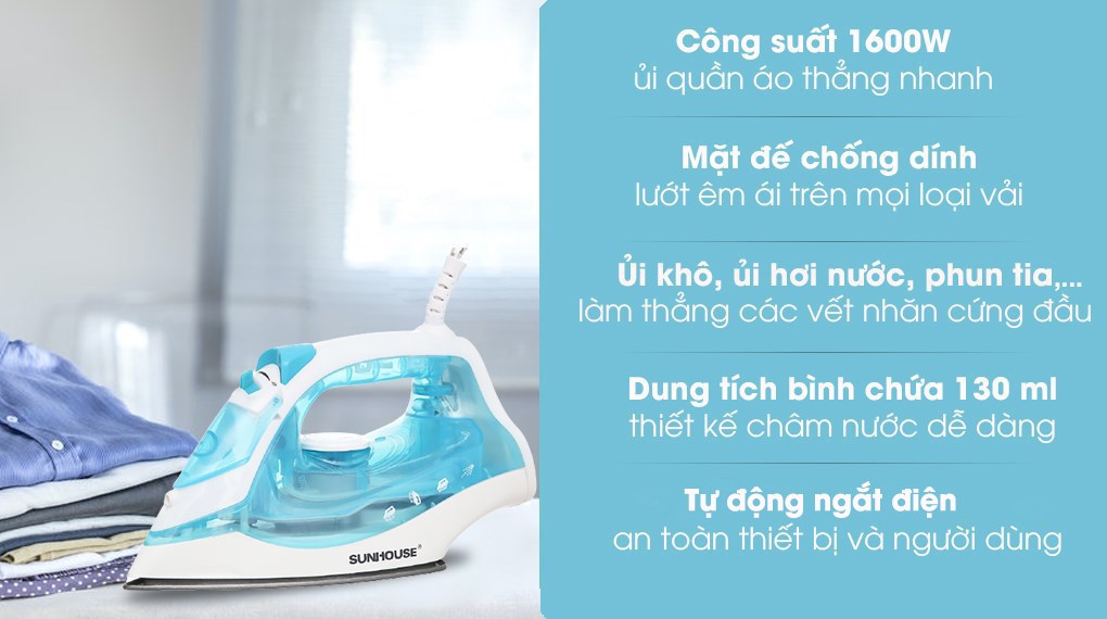 Bàn ủi hơi nước Sunhouse SHD2065 1600W, mặt đế ceramic chống dính, ủi êm nhẹ bảo vệ vải