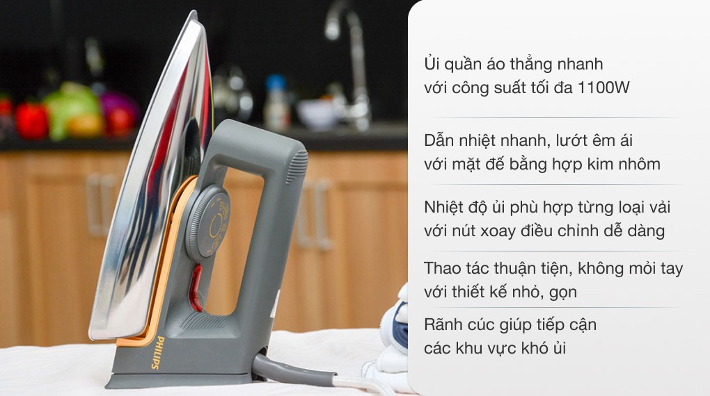 Bàn ủi khô Philips HD1172 1100W có mặt đế nhôm đúc dẫn nhiệt nhanh, lướt êm, dễ lau; nút xoay chỉnh nhiệt phù hợp từng loại vải