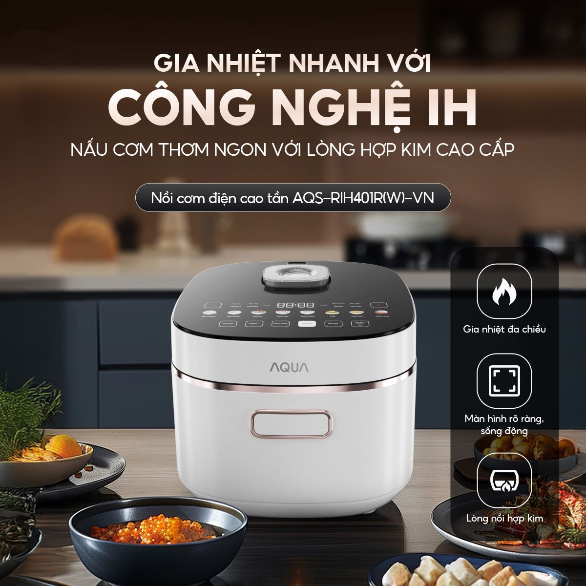 Nồi cơm điện cao tần AQUA 1.5 lít AQS-RIH401R(W)-VN giá rẻ, nấu cơm ngon