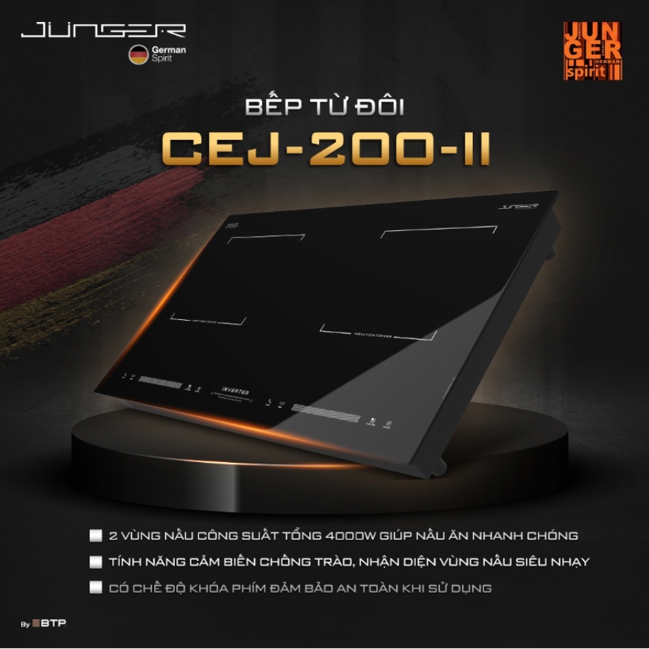 Với bếp từ đôi lắp âm Junger CEJ-200, thân bếp đúc nguyên khối, linh kiện cao cấp, có thể lựa chọn lắp âm hoặc lắp âm tùy theo không gian bếp