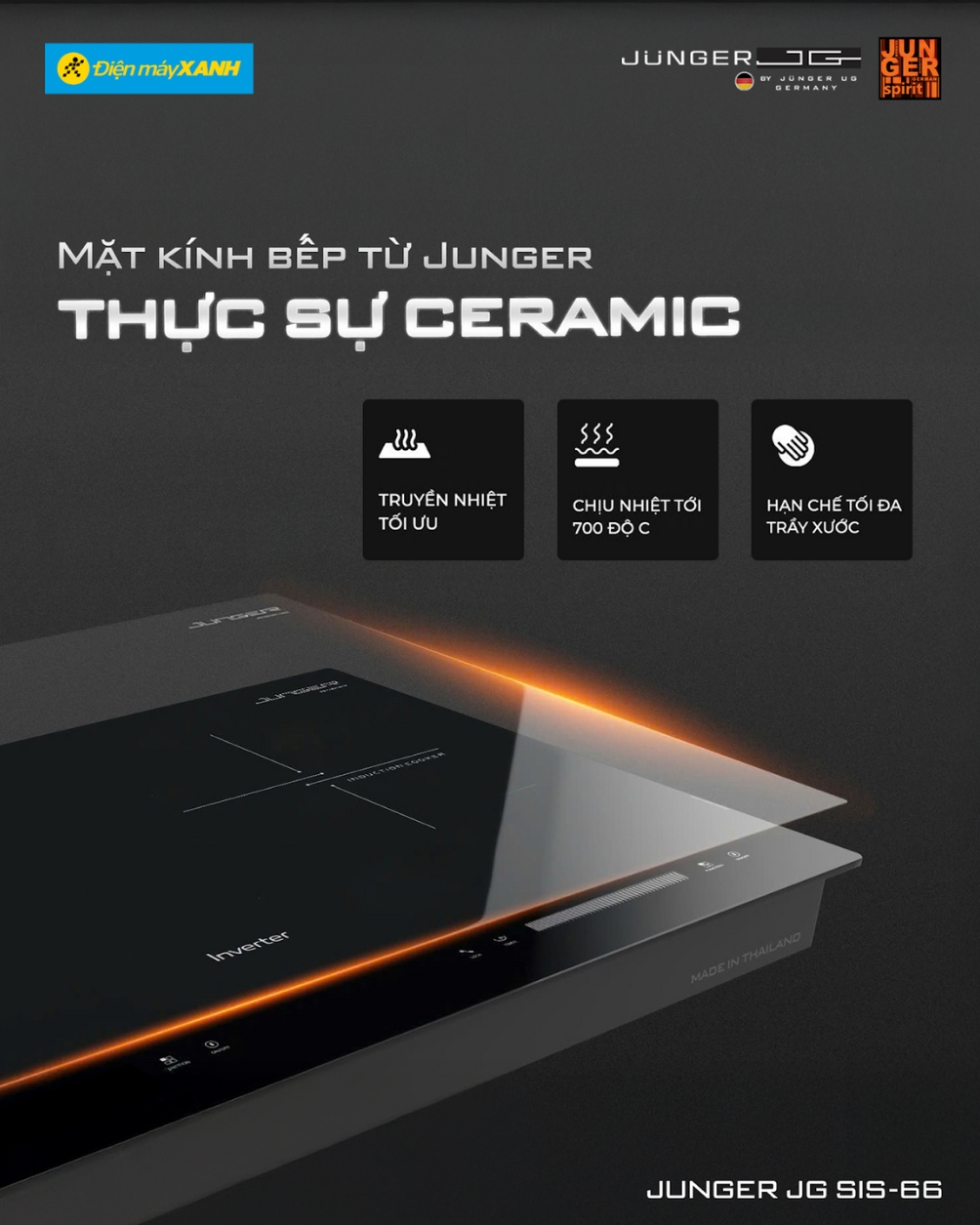 Mặt bếp từ Junger JG SIS-66 phủ kính Ceramic cường lực, dễ dàng lau chùi, chống trầy xước