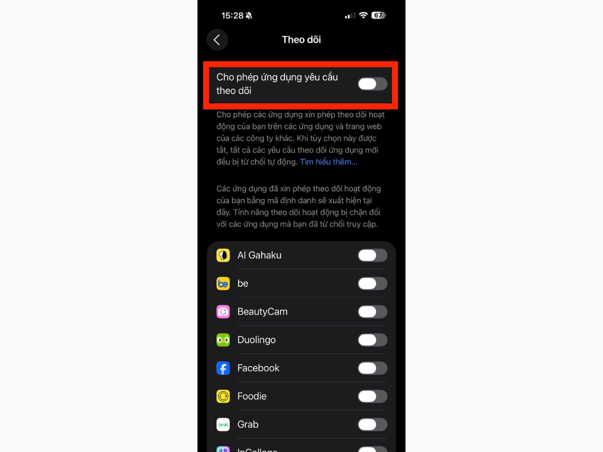 Danh s&aacute;ch c&aacute;c ứng dụng đ&atilde; y&ecirc;u cầu quyền theo d&otilde;i