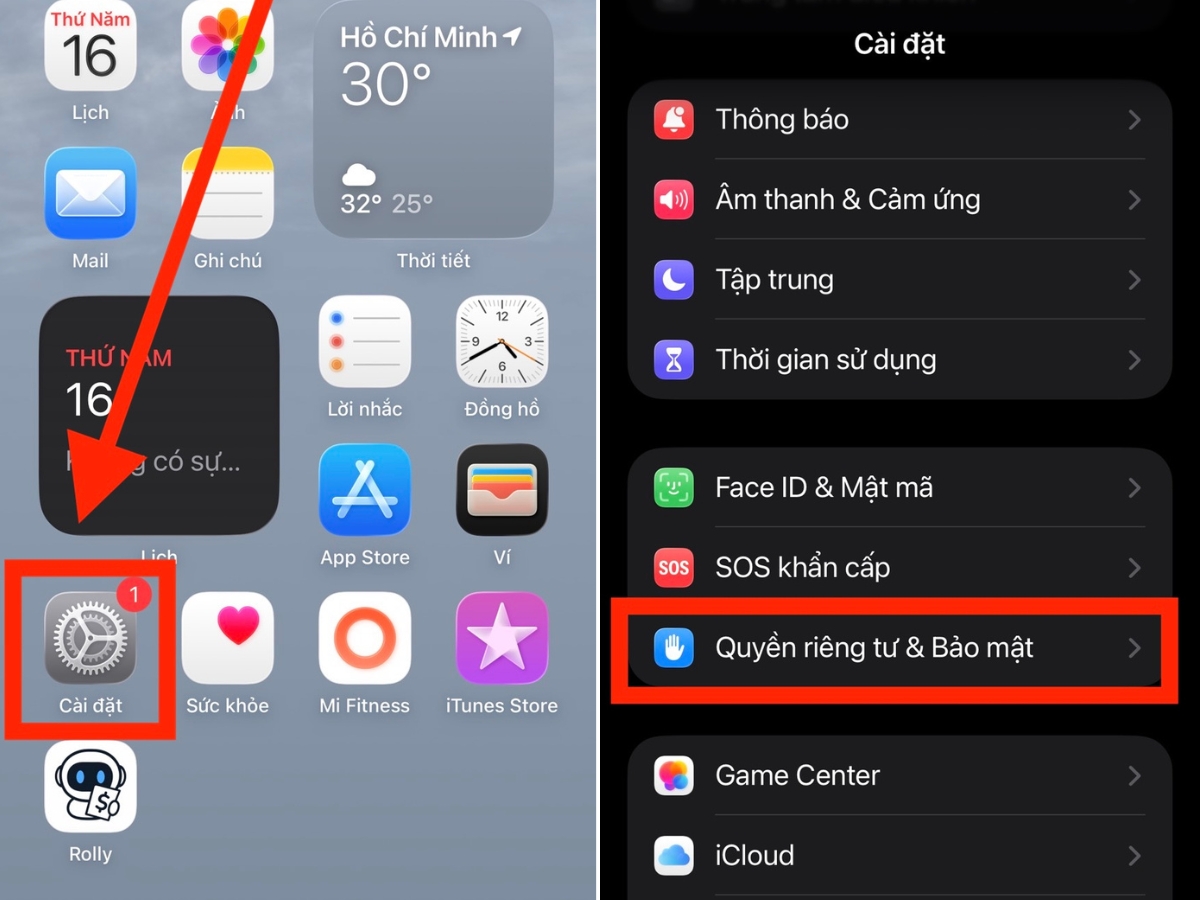 Chọn Quyền ri&ecirc;ng tư & Bảo mật