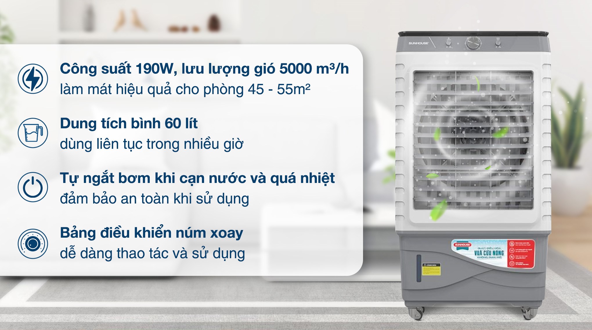 Quạt điều hòa Sunhouse SHD7798 190W mang đến khả năng làm mát vượt trội cho không gian