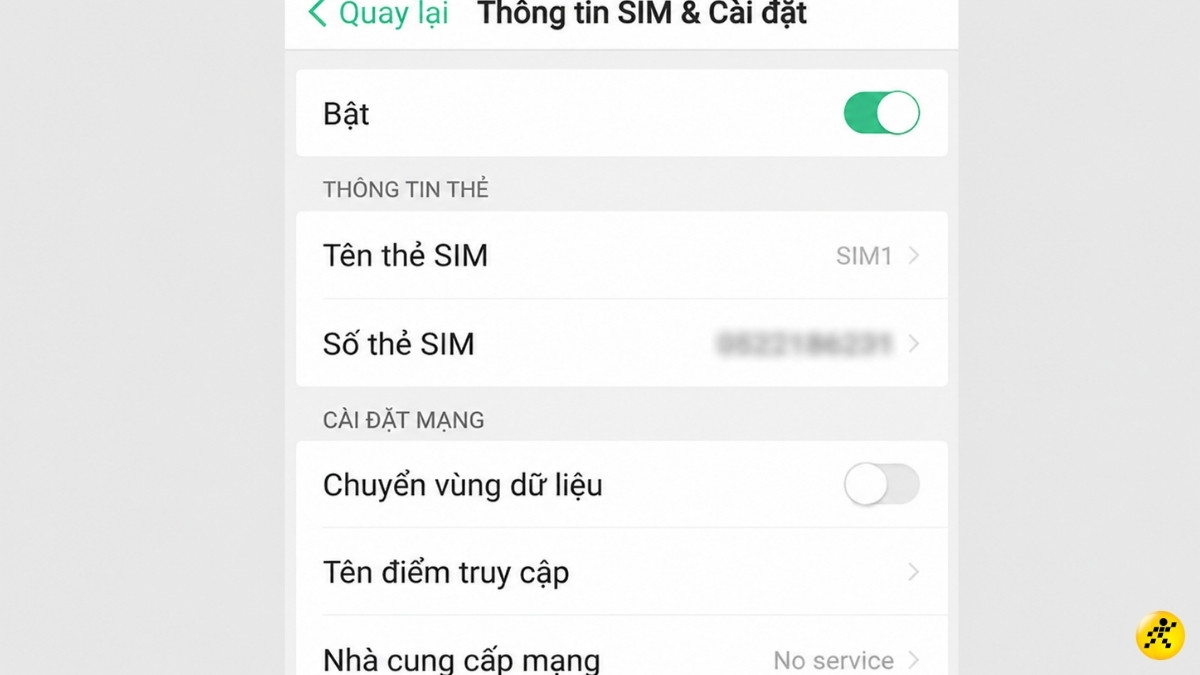 Gạt thanh trạng th&aacute;i sang phải để bật SIM1