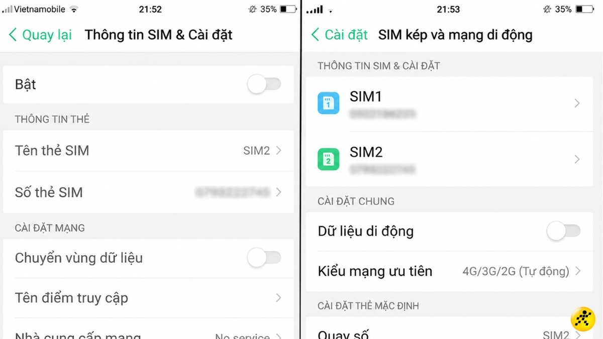 Gạt thanh trạng th&aacute;i sang phải để bật SIM2