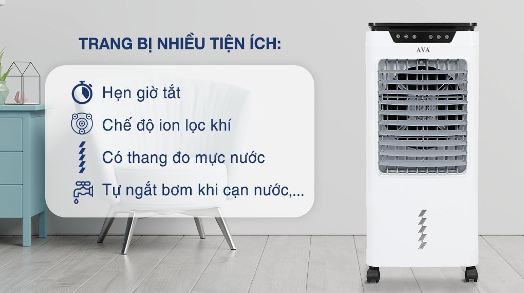 Quạt điều hòa AVA RPD-80 130W có tính năng tạo ion lọc khí loại bỏ các bụi bẩn và mùi hôi mang lại bầu không khí trong lành hơn