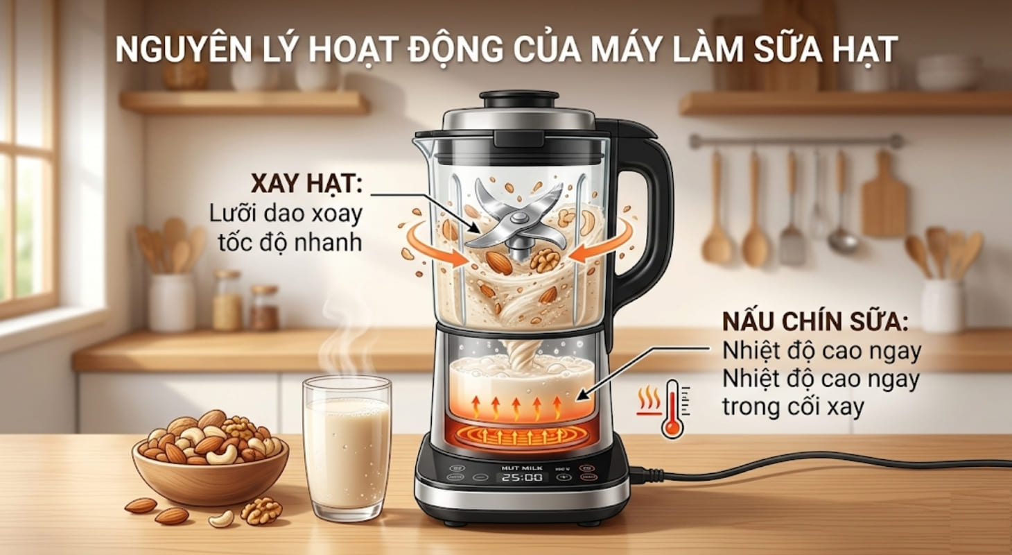 Máy làm sữa hạt hoạt động bằng cách nấu chín sữa ngay trong cối xay