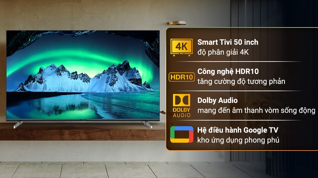 Android Tivi Aqua 4K 50 inch AQT50K800UG phù hợp với những không gian vừa và lớn