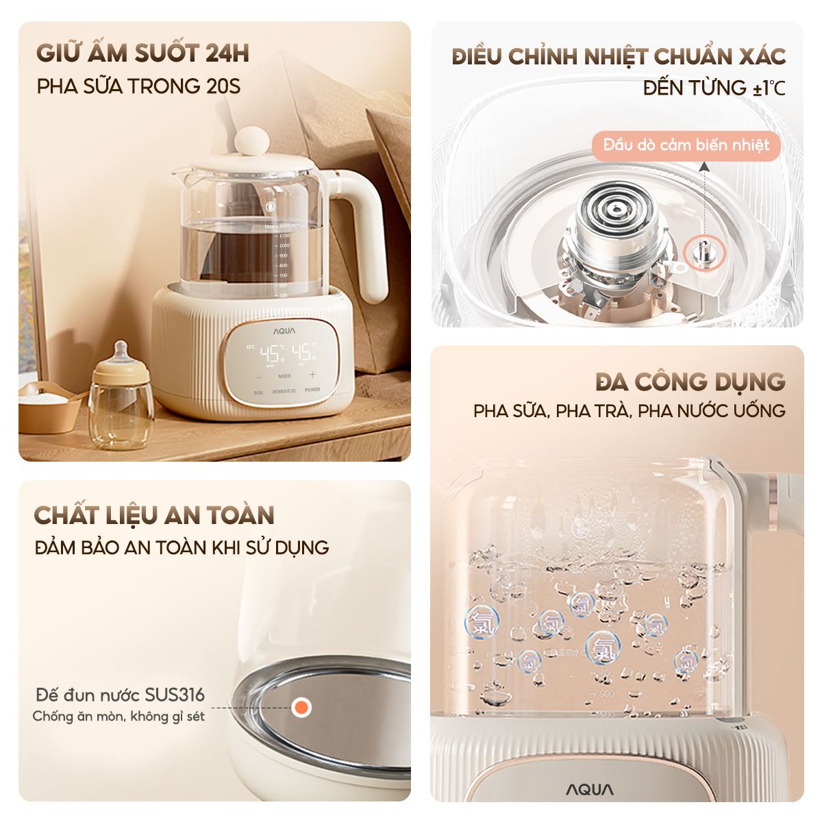 Bình đun siêu tốc AQUA 1.2 lít AQS-MH121T mang đến giải pháp pha sữa chuẩn nhiệt và an toàn cho bé yêu