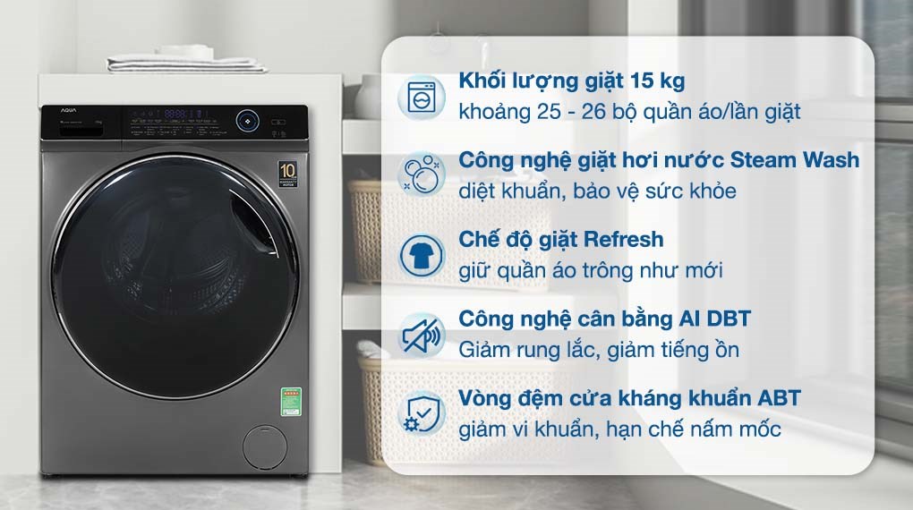 Máy giặt Aqua Inverter 15 kg AQD-A1500H PS sở hữu nhiều tính năng tiện ích