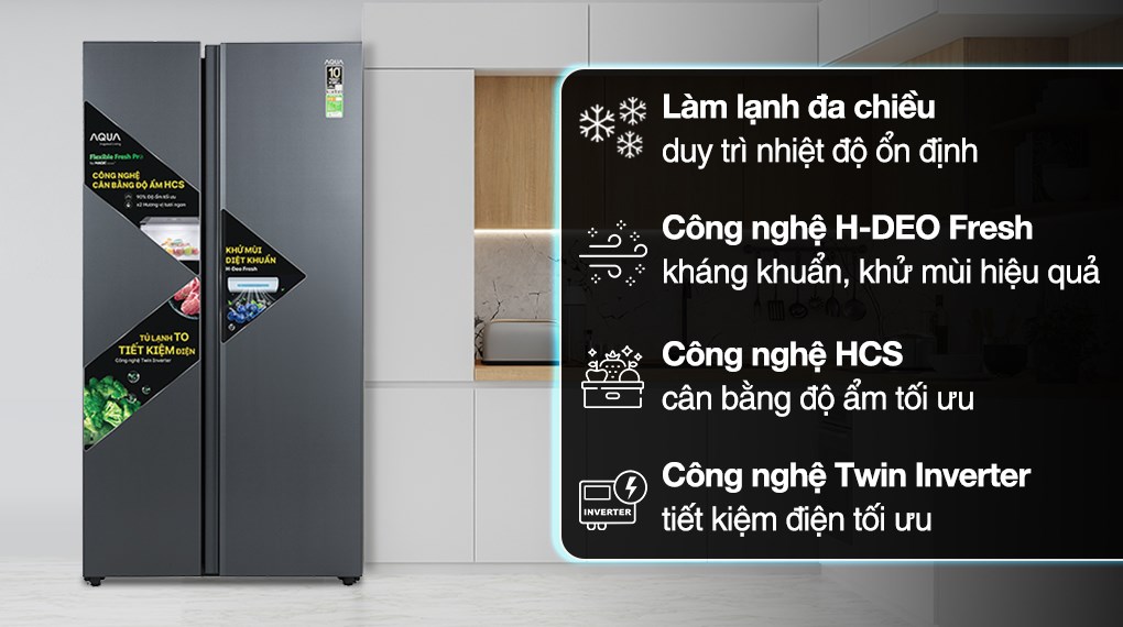 Tủ lạnh Aqua Inverter 646 lít Side By Side AQR-S682XA(SLB) có thiết kế tinh tế, sang trọng