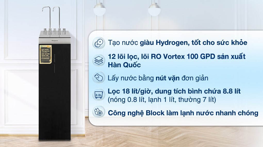 Máy lọc nước RO nóng nguội lạnh Hydrogen Kangaroo Sumire KG12A8 12 lõi có tỉ lệ lọc - thải là 4.8 : 5.2, tùy thuộc chất lượng nước đầu vào