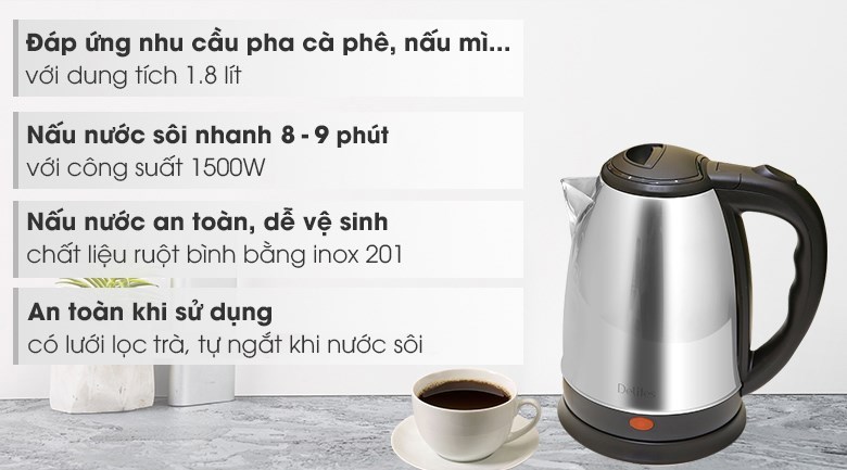 Bình đun siêu tốc Delites 1.8 lít ST18S05 sáng bóng và có cột hiển thị mực nước dễ dàng cân đo lượng nước mình cần sử dụng
