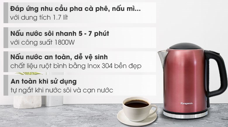 Bình đun siêu tốc Kangaroo 1.7 lít KG17K2 có vỏ bình được thiết kế bằng chất liệu nhựa PP bền bỉ và an toàn khi sử dụng