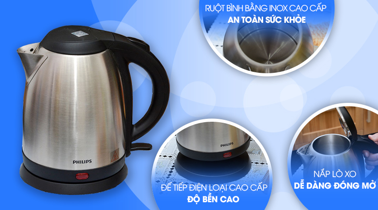 Bình đun siêu tốc Philips 1.5 lít HD9306 có lớp vỏ và ruột được cấu tạo từ Inox 304 sáng bóng và dễ dàng vệ sinh