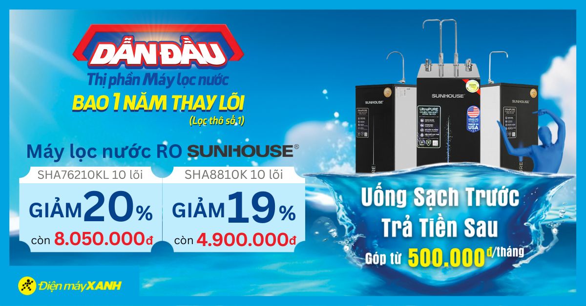 Dẫn đầu thị phần máy lọc nước - Sunhouse ưu đãi lớn, giảm đến 20% + Tặng 1 năm thay lõi lọc
