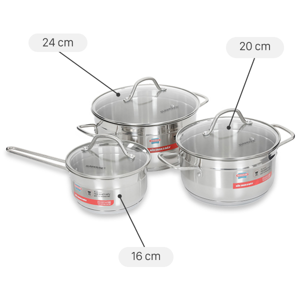 Bộ Nồi Quánh Inox 5 Đáy Nắp Kính Sunhouse Shg669