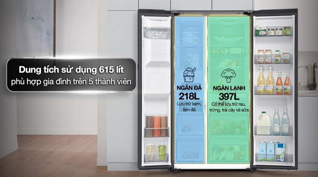 Tủ lạnh Samsung Inverter 615 lít Side By Side AI Home RS90F65D2FSV - Dung tích tủ