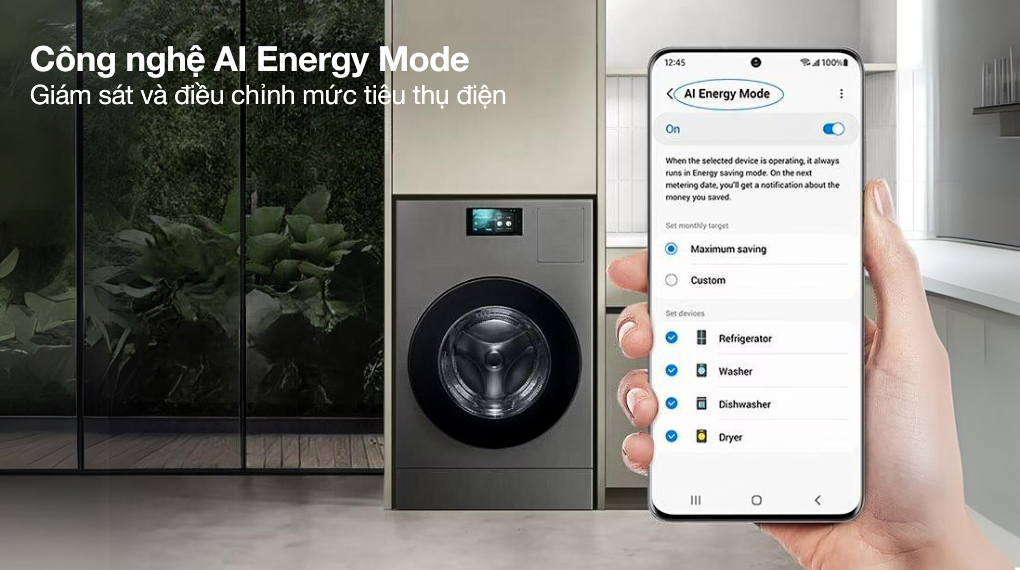 Công nghệ AI Energy Mode - Máy giặt sấy Samsung AI Combo Heatpump Inverter giặt 25 kg - sấy 15 kg WD25DB8995BZSV Công nghệ AI Energy Mode - Máy giặt sấy Samsung AI Combo Heatpump Inverter giặt 25 kg - sấy 15 kg WD25DB8995BZSV