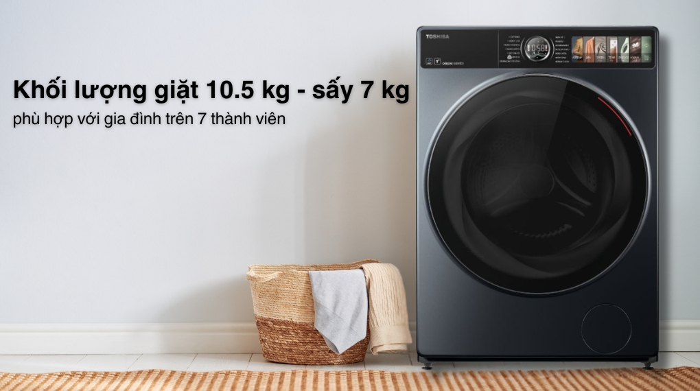 Máy giặt sấy Toshiba Inverter giặt 10.5 kg - sấy 7 kg TWD-T27BZP115MWV(MG) - Khối lượng giặt và chương trình