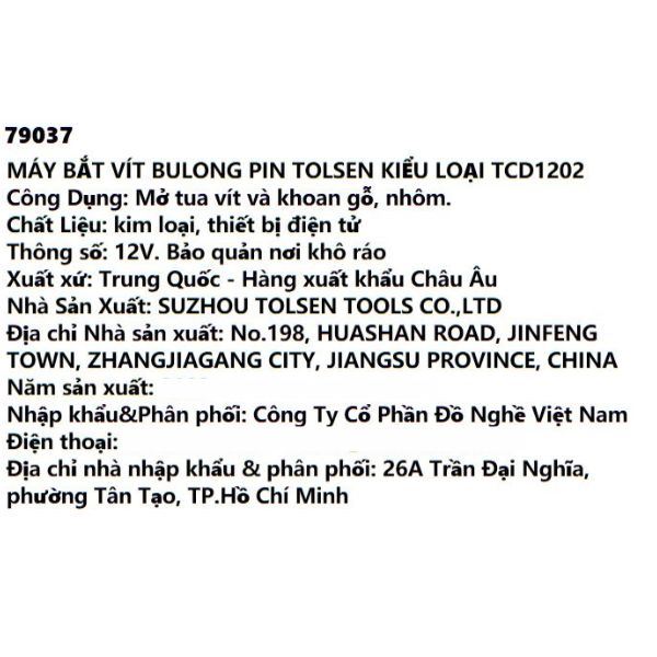 Máy bắt vít pin Tolsen 79037 12V Màu Đen - Vàng