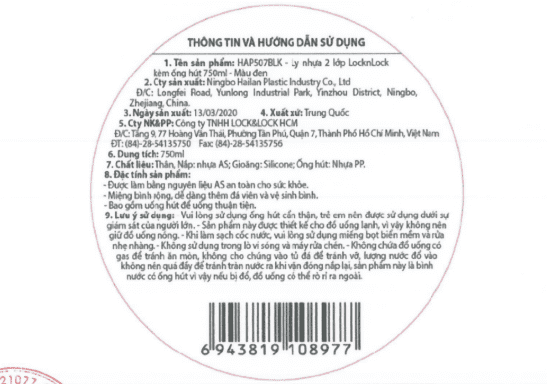 Bình đựng nước nhựa 750 ml Lock&Lock HAP507BLK Màu Đen