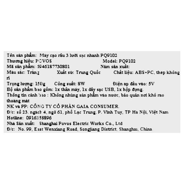 Máy cạo râu khô và ướt POVOS PQ9102 Trắng Màu Trắng