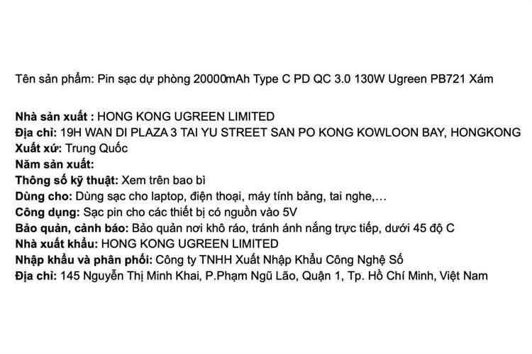 Pin sạc dự phòng 20000mAh Type C PD QC 3.0 130W Ugreen PB721 Màu Xám