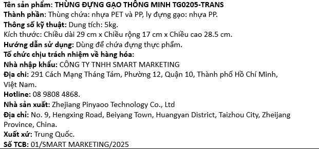 Thùng gạo 5 kg Tanaka TG0205-TRANS trong suốt Màu Trắng