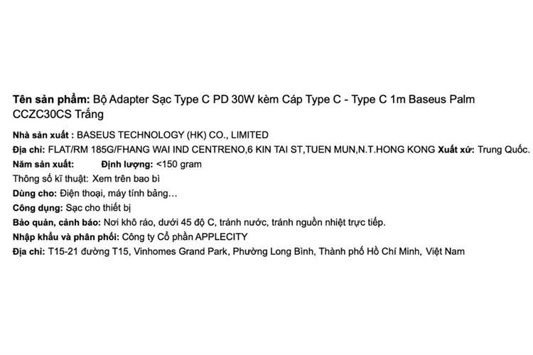 Bộ sạc nhanh Type-C 30W Baseus Palm CCZC30CS kèm Cáp Type C - Type C Màu Trắng