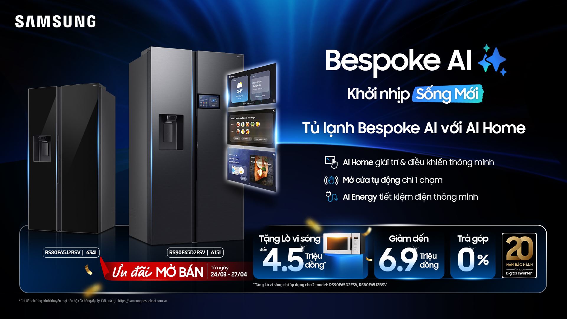 Mua tủ lạnh Side by Side Samsung (RS90F65D2FSV, RS80F65J2BS) tặng lò vi sóng MG23T5018CE/SV