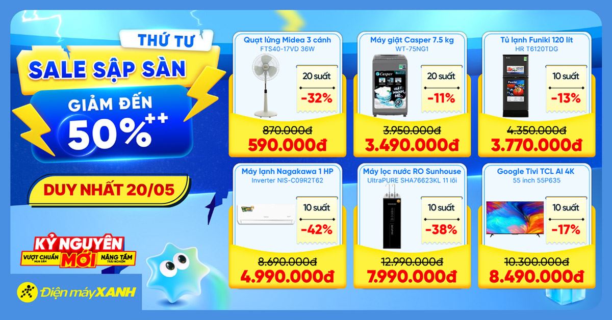 Thứ 4 Sale Sập Sàn tại Điện máy XANH - giảm đến 50%, deal sốc, minigame trúng phiếu mua hàng