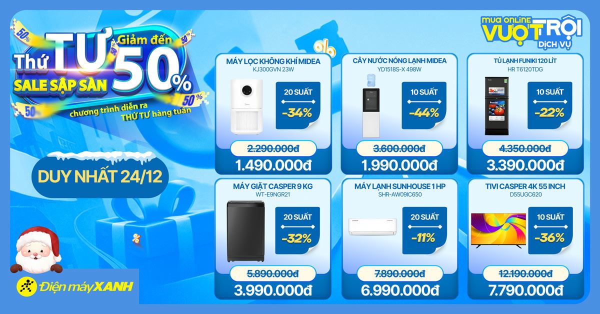 Thứ 4 Sale Sập Sàn tại Điện máy XANH - giảm đến 50%, deal sốc, minigame trúng phiếu mua hàng