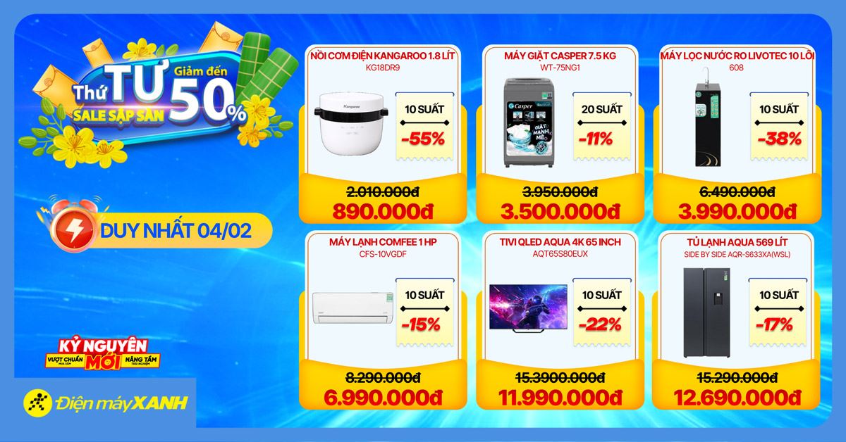 Thứ 4 Sale Sập Sàn tại Điện máy XANH - giảm đến 50%, deal sốc, minigame trúng phiếu mua hàng