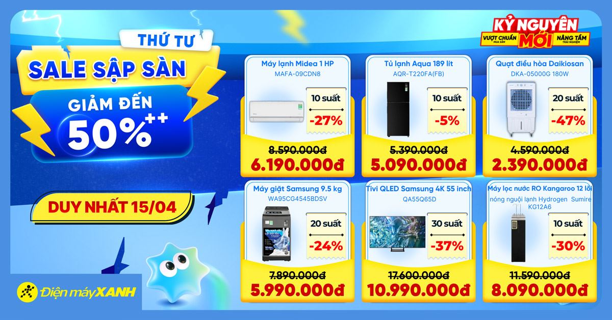 Thứ 4 Sale Sập Sàn tại Điện máy XANH - giảm đến 50%, deal sốc, minigame trúng phiếu mua hàng