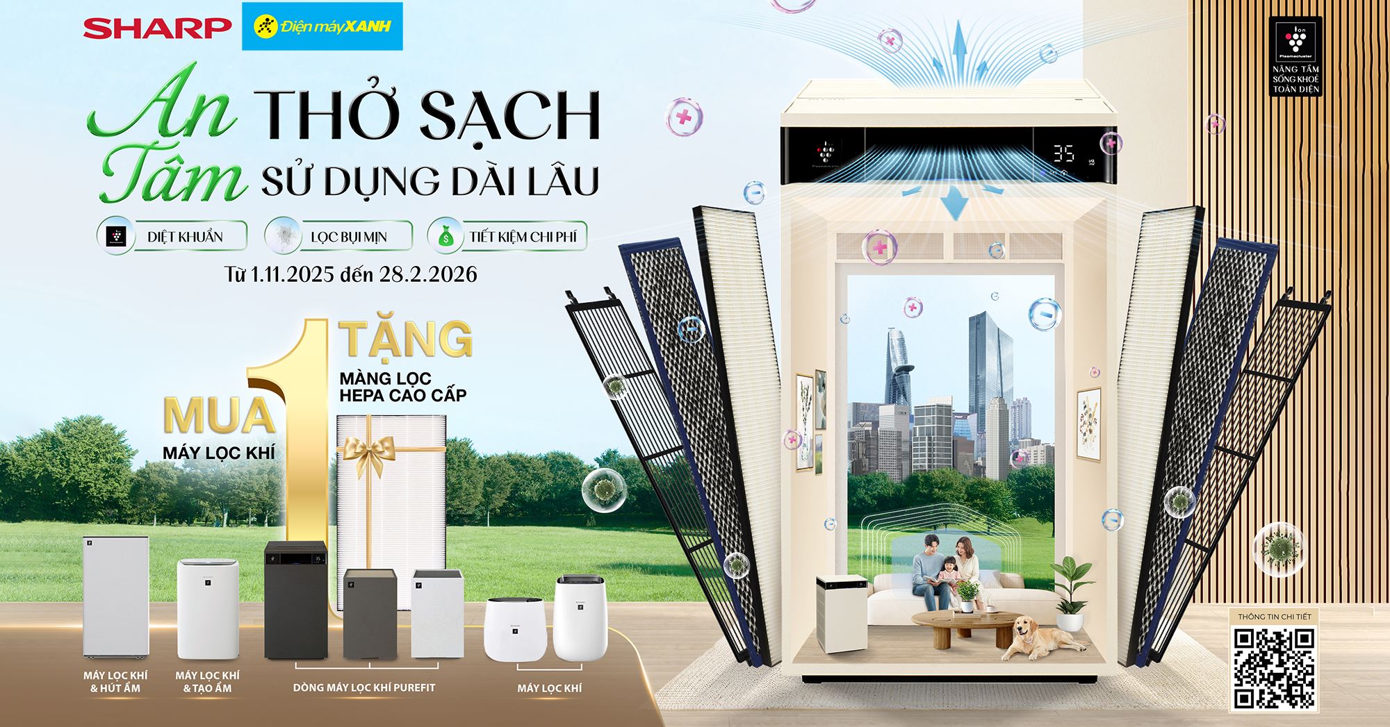 Sharp khuyến mãi Mua 1 Tặng 1: Mua máy lọc không khí, nhận ngay màng lọc HEPA miễn phí, an tâm thở sạch dài lâu!